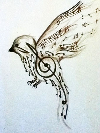 A tattoo design of small bird with treble cleff body and wings of manuscript. Source: polyvore.com
